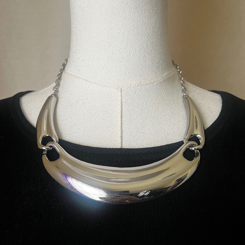 Sculptural Silver Collar Necklace Curved Metal Statement Adjustable 18.5-21.5"